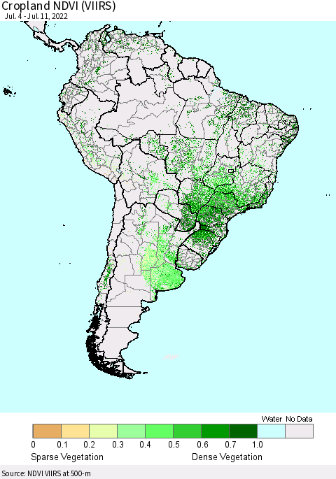 South America Cropland NDVI (VIIRS) Thematic Map For 7/4/2022 - 7/11/2022
