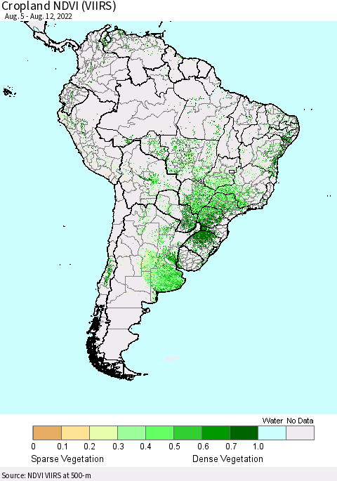 South America Cropland NDVI (VIIRS) Thematic Map For 8/5/2022 - 8/12/2022