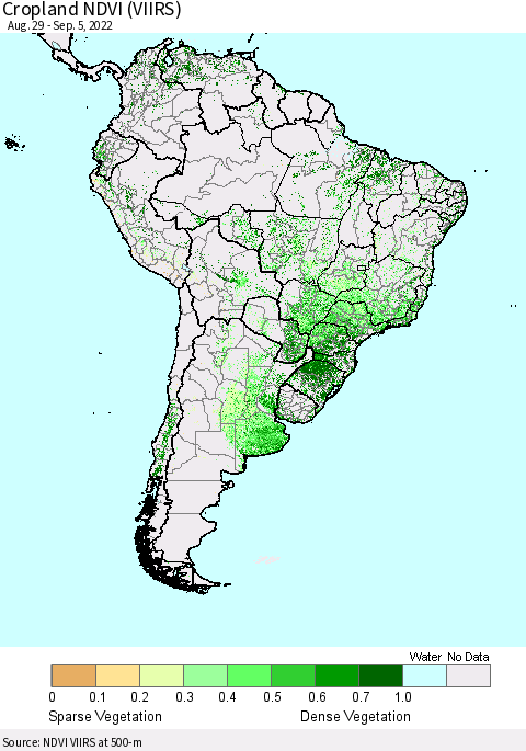 South America Cropland NDVI (VIIRS) Thematic Map For 8/29/2022 - 9/5/2022