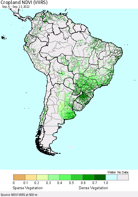 South America Cropland NDVI (VIIRS) Thematic Map For 9/6/2022 - 9/13/2022