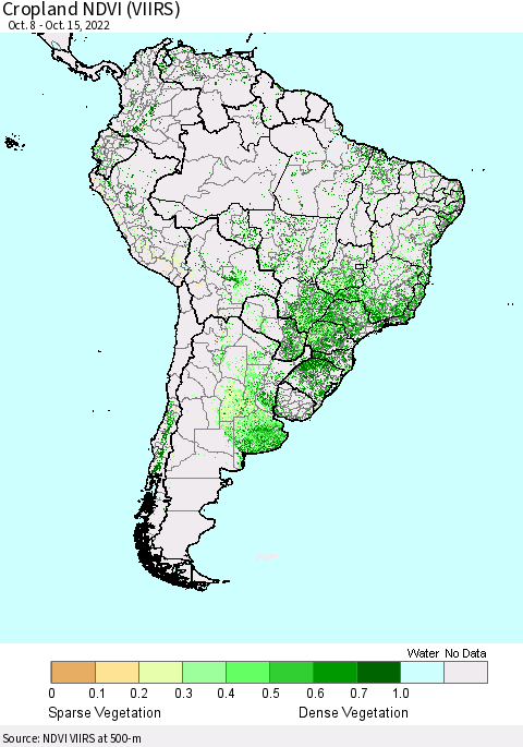 South America Cropland NDVI (VIIRS) Thematic Map For 10/8/2022 - 10/15/2022