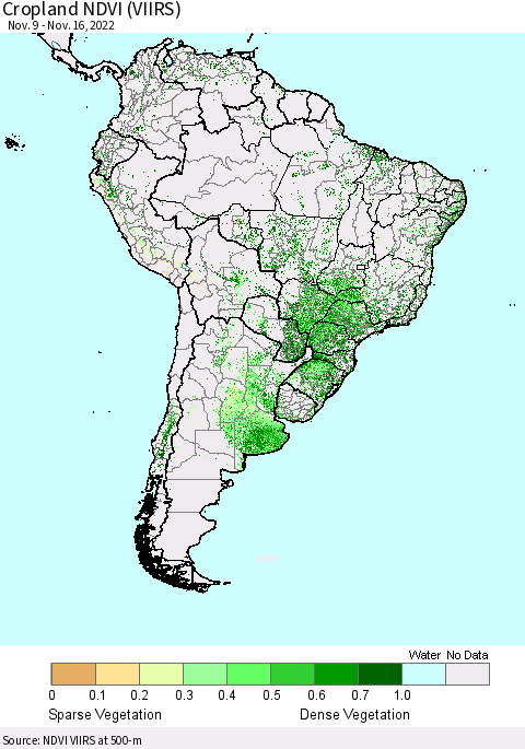 South America Cropland NDVI (VIIRS) Thematic Map For 11/9/2022 - 11/16/2022