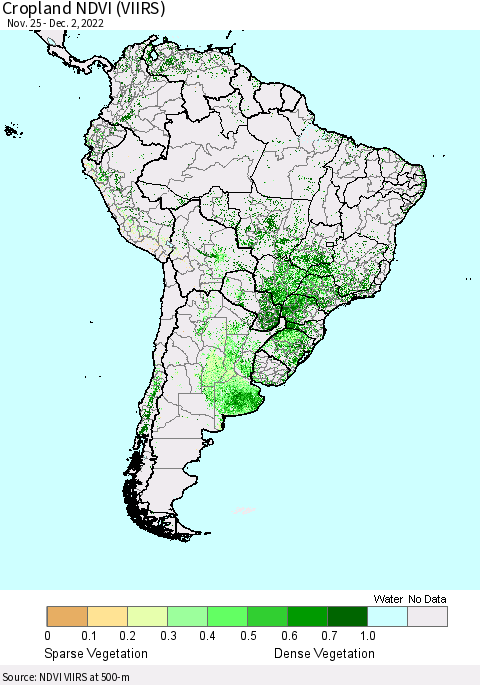 South America Cropland NDVI (VIIRS) Thematic Map For 11/25/2022 - 12/2/2022
