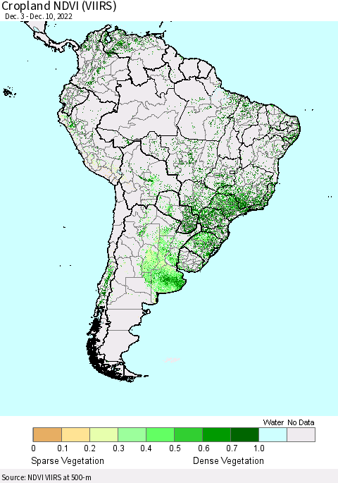 South America Cropland NDVI (VIIRS) Thematic Map For 12/3/2022 - 12/10/2022