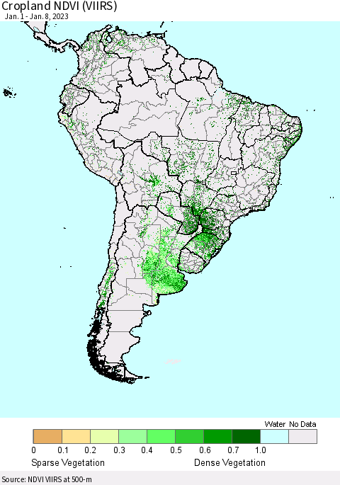 South America Cropland NDVI (VIIRS) Thematic Map For 1/1/2023 - 1/8/2023