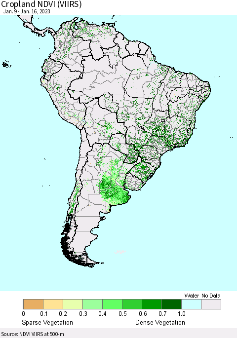 South America Cropland NDVI (VIIRS) Thematic Map For 1/9/2023 - 1/16/2023