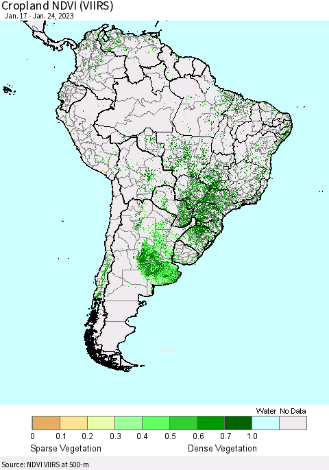 South America Cropland NDVI (VIIRS) Thematic Map For 1/17/2023 - 1/24/2023