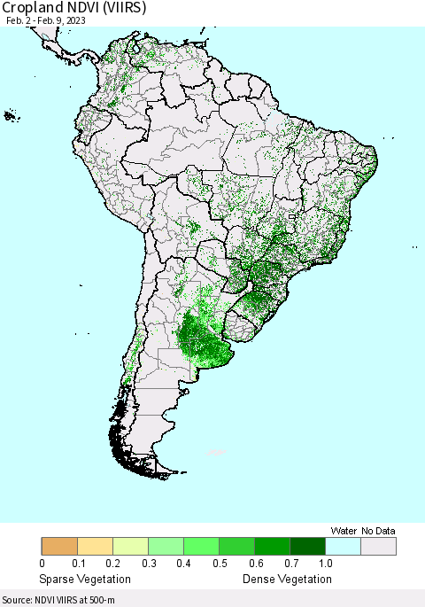 South America Cropland NDVI (VIIRS) Thematic Map For 2/2/2023 - 2/9/2023