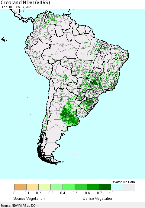 South America Cropland NDVI (VIIRS) Thematic Map For 2/10/2023 - 2/17/2023