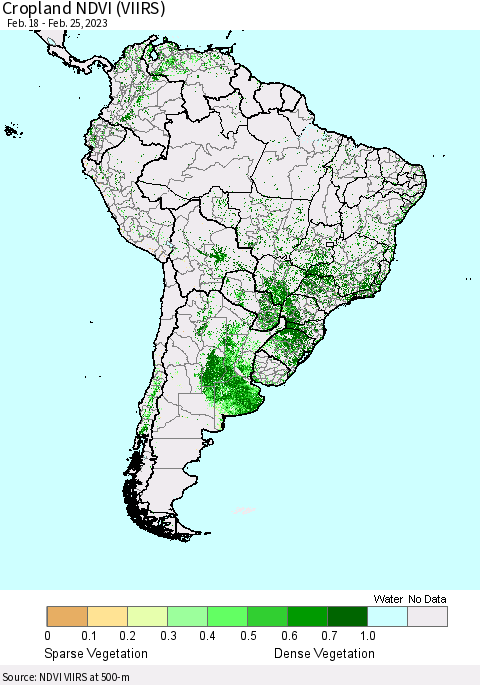 South America Cropland NDVI (VIIRS) Thematic Map For 2/18/2023 - 2/25/2023