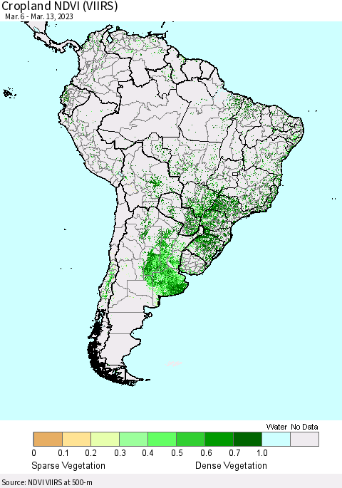 South America Cropland NDVI (VIIRS) Thematic Map For 3/6/2023 - 3/13/2023