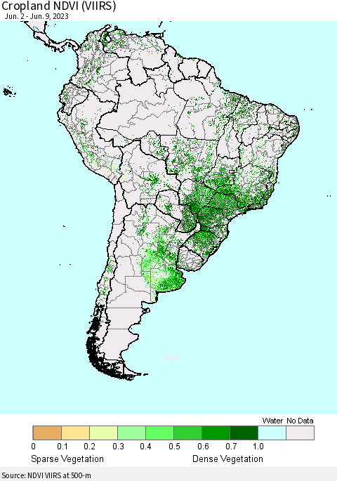 South America Cropland NDVI (VIIRS) Thematic Map For 6/2/2023 - 6/9/2023