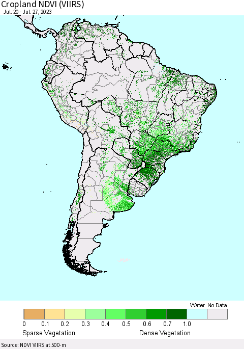 South America Cropland NDVI (VIIRS) Thematic Map For 7/20/2023 - 7/27/2023