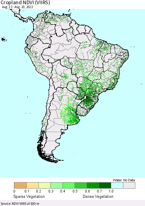 South America Cropland NDVI (VIIRS) Thematic Map For 8/13/2023 - 8/20/2023