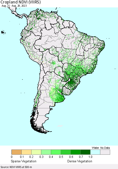 South America Cropland NDVI (VIIRS) Thematic Map For 8/21/2023 - 8/28/2023