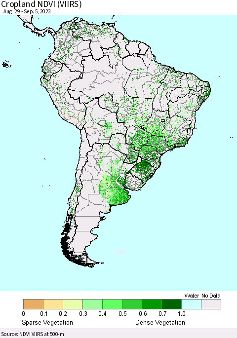 South America Cropland NDVI (VIIRS) Thematic Map For 8/29/2023 - 9/5/2023