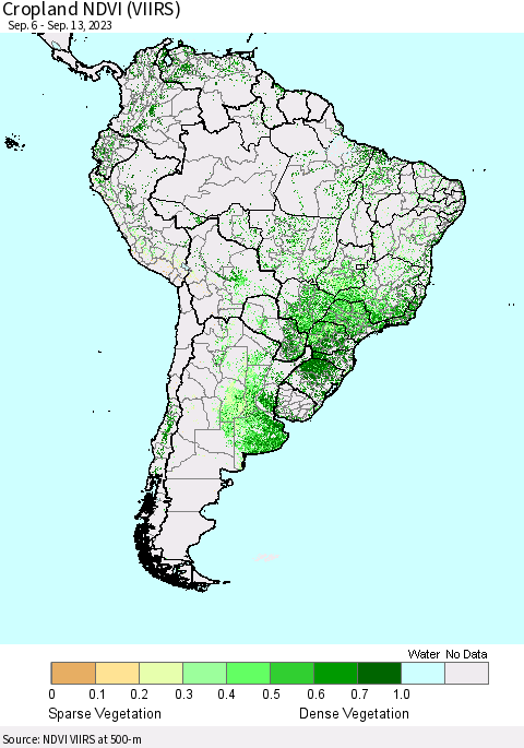 South America Cropland NDVI (VIIRS) Thematic Map For 9/6/2023 - 9/13/2023