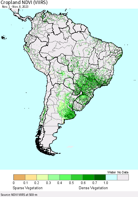 South America Cropland NDVI (VIIRS) Thematic Map For 11/1/2023 - 11/8/2023