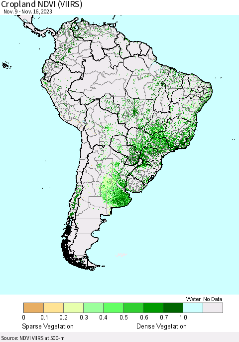 South America Cropland NDVI (VIIRS) Thematic Map For 11/9/2023 - 11/16/2023
