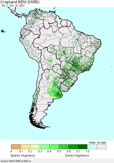 South America Cropland NDVI (VIIRS) Thematic Map For 12/3/2023 - 12/10/2023