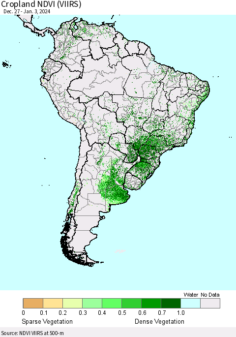 South America Cropland NDVI (VIIRS) Thematic Map For 12/27/2023 - 1/3/2024