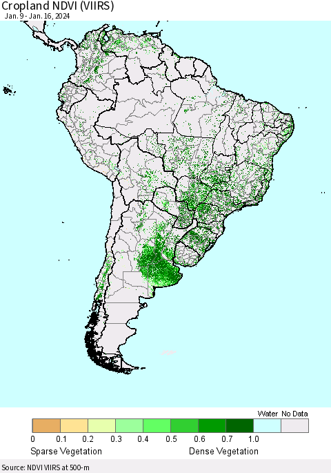 South America Cropland NDVI (VIIRS) Thematic Map For 1/9/2024 - 1/16/2024