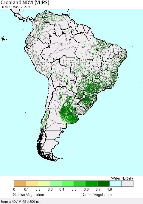 South America Cropland NDVI (VIIRS) Thematic Map For 3/5/2024 - 3/12/2024
