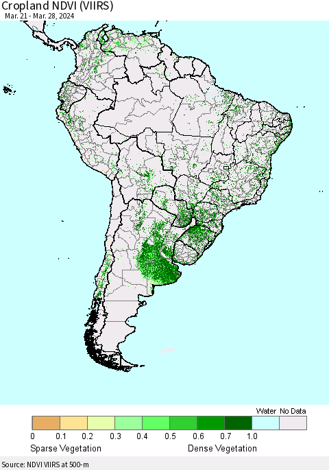 South America Cropland NDVI (VIIRS) Thematic Map For 3/21/2024 - 3/28/2024