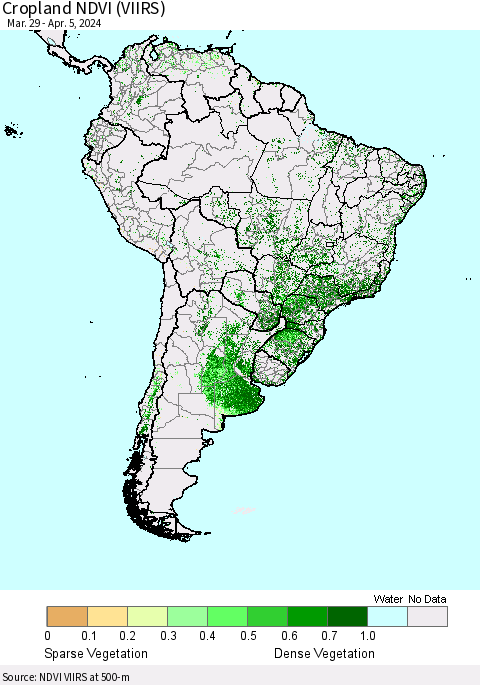South America Cropland NDVI (VIIRS) Thematic Map For 3/29/2024 - 4/5/2024