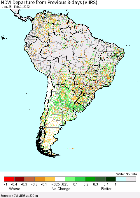 South America NDVI Departure from Previous 8-days (VIIRS) Thematic Map For 1/25/2022 - 2/1/2022