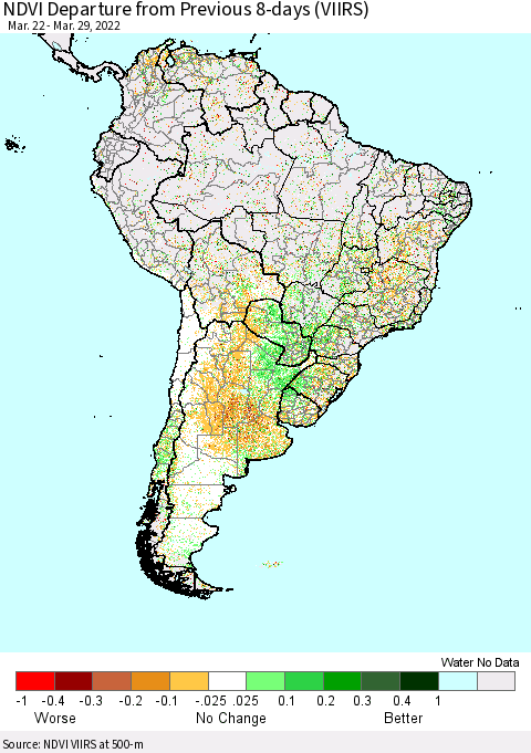 South America NDVI Departure from Previous 8-days (VIIRS) Thematic Map For 3/22/2022 - 3/29/2022