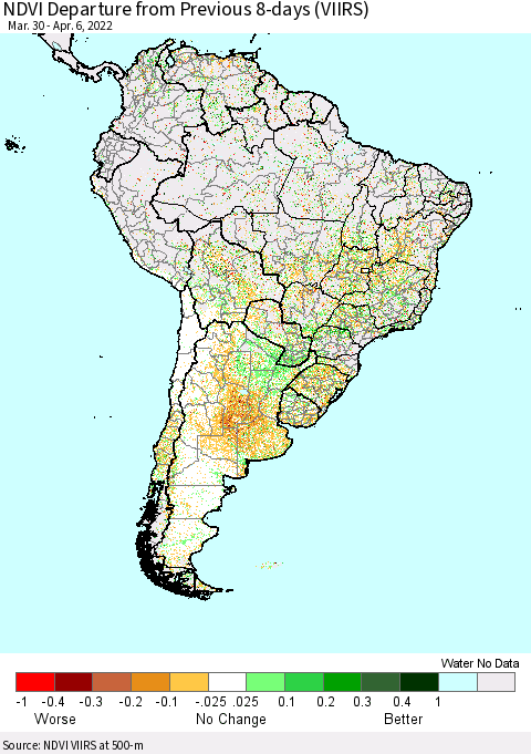 South America NDVI Departure from Previous 8-days (VIIRS) Thematic Map For 3/30/2022 - 4/6/2022