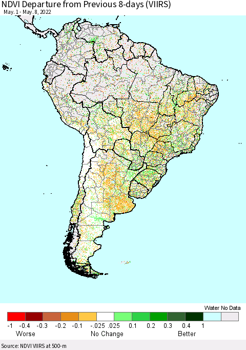 South America NDVI Departure from Previous 8-days (VIIRS) Thematic Map For 5/1/2022 - 5/8/2022