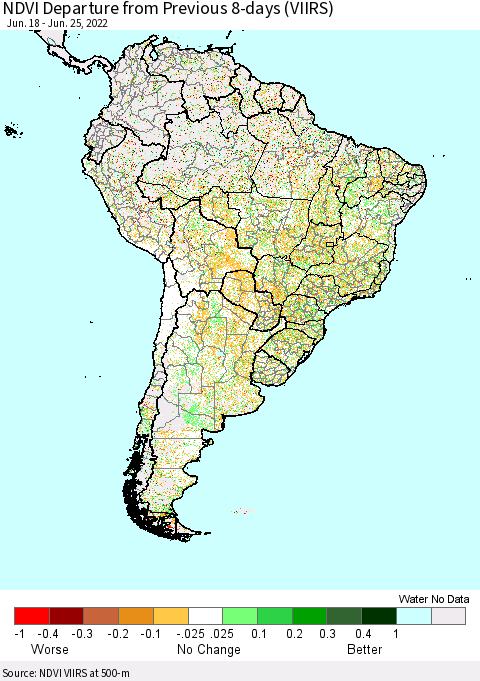 South America NDVI Departure from Previous 8-days (VIIRS) Thematic Map For 6/18/2022 - 6/25/2022