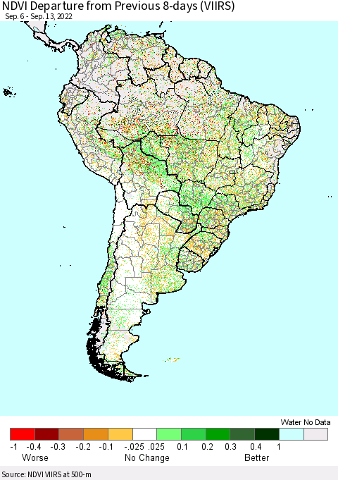South America NDVI Departure from Previous 8-days (VIIRS) Thematic Map For 9/6/2022 - 9/13/2022