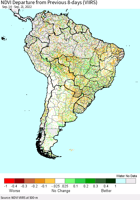South America NDVI Departure from Previous 8-days (VIIRS) Thematic Map For 9/14/2022 - 9/21/2022