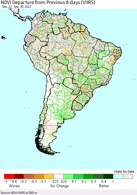 South America NDVI Departure from Previous 8-days (VIIRS) Thematic Map For 9/22/2022 - 9/29/2022