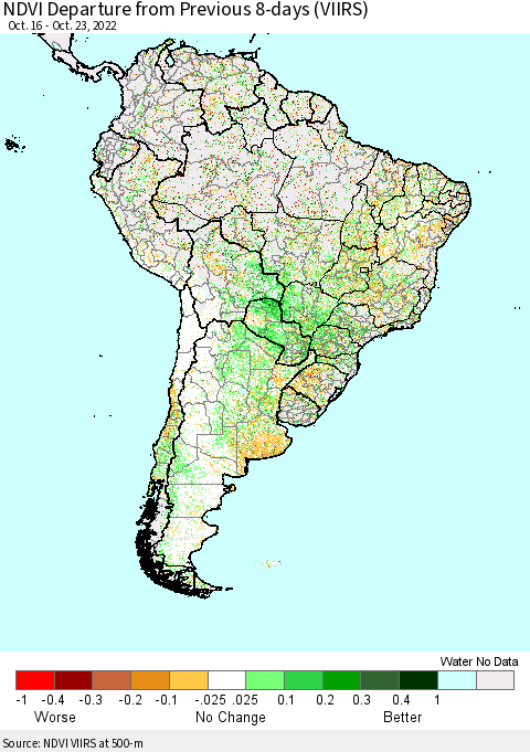 South America NDVI Departure from Previous 8-days (VIIRS) Thematic Map For 10/16/2022 - 10/23/2022
