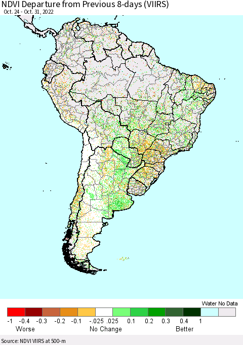 South America NDVI Departure from Previous 8-days (VIIRS) Thematic Map For 10/24/2022 - 10/31/2022