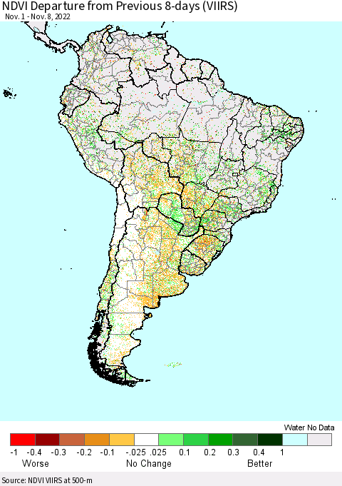 South America NDVI Departure from Previous 8-days (VIIRS) Thematic Map For 11/1/2022 - 11/8/2022