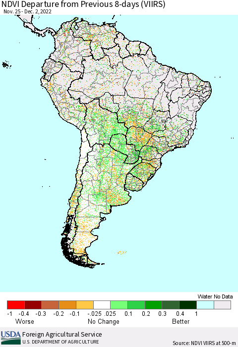 South America NDVI Departure from Previous 8-days (VIIRS) Thematic Map For 11/25/2022 - 12/2/2022