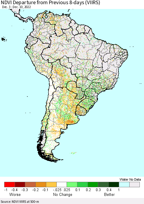 South America NDVI Departure from Previous 8-days (VIIRS) Thematic Map For 12/3/2022 - 12/10/2022