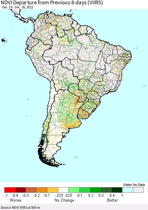South America NDVI Departure from Previous 8-days (VIIRS) Thematic Map For 12/19/2022 - 12/26/2022