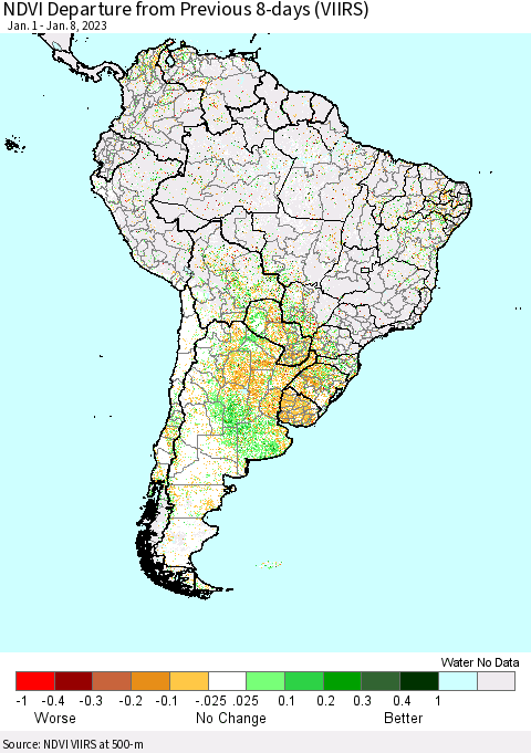 South America NDVI Departure from Previous 8-days (VIIRS) Thematic Map For 1/1/2023 - 1/8/2023