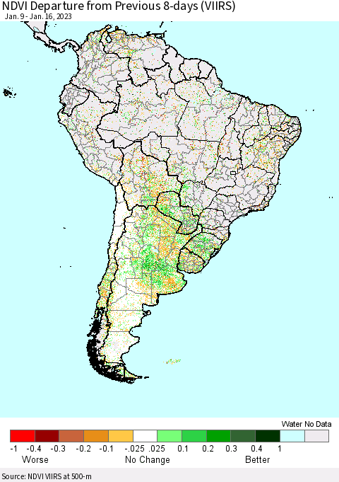 South America NDVI Departure from Previous 8-days (VIIRS) Thematic Map For 1/9/2023 - 1/16/2023