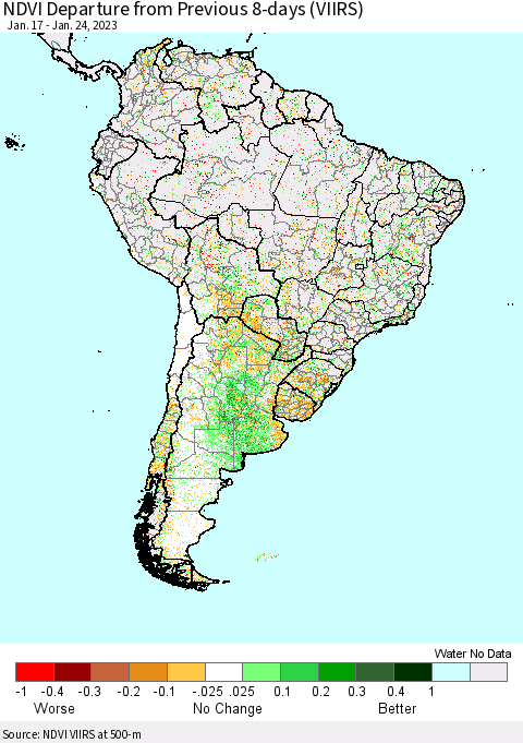 South America NDVI Departure from Previous 8-days (VIIRS) Thematic Map For 1/17/2023 - 1/24/2023