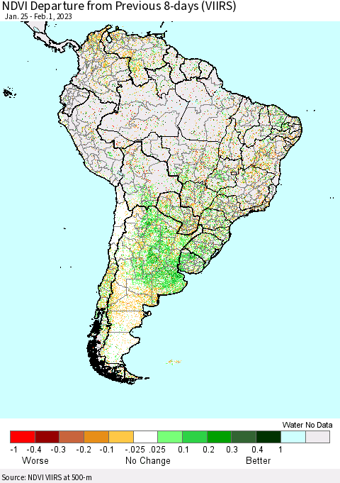 South America NDVI Departure from Previous 8-days (VIIRS) Thematic Map For 1/25/2023 - 2/1/2023