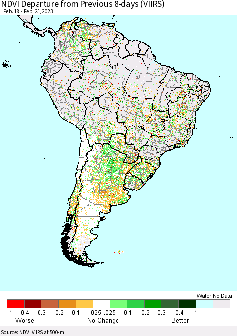 South America NDVI Departure from Previous 8-days (VIIRS) Thematic Map For 2/18/2023 - 2/25/2023
