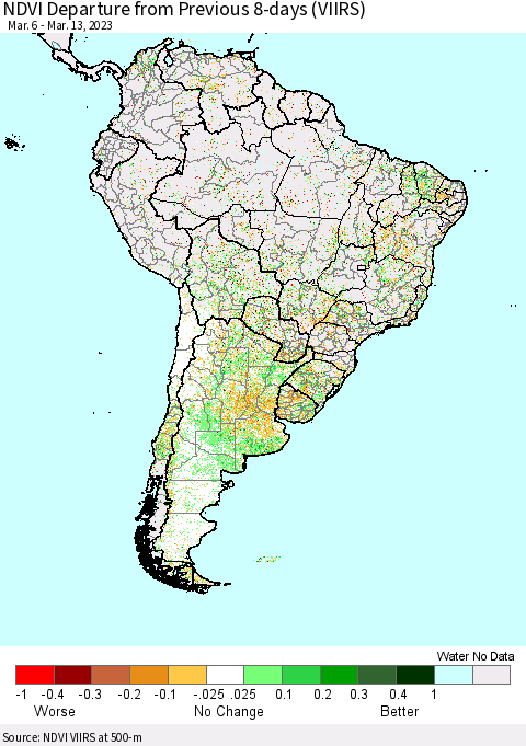 South America NDVI Departure from Previous 8-days (VIIRS) Thematic Map For 3/6/2023 - 3/13/2023