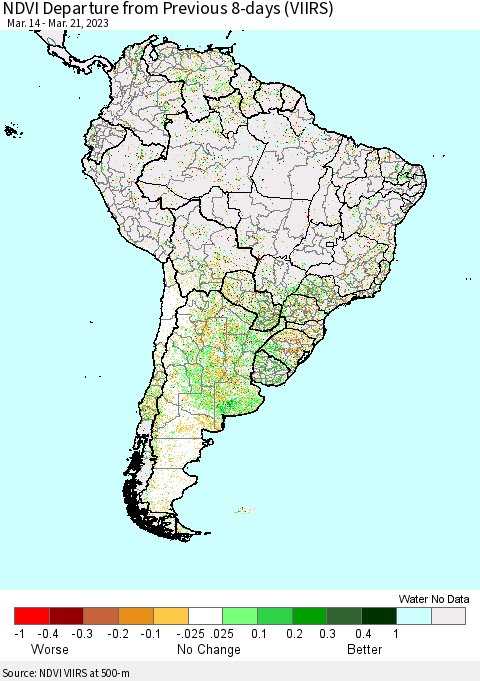 South America NDVI Departure from Previous 8-days (VIIRS) Thematic Map For 3/14/2023 - 3/21/2023